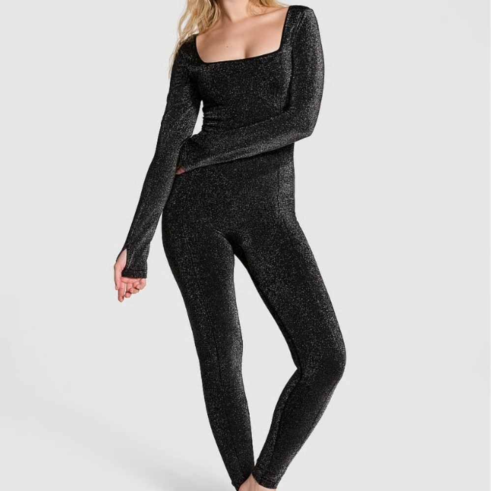 Long-Sleeve Square Neck Onesie Pure Black Bling